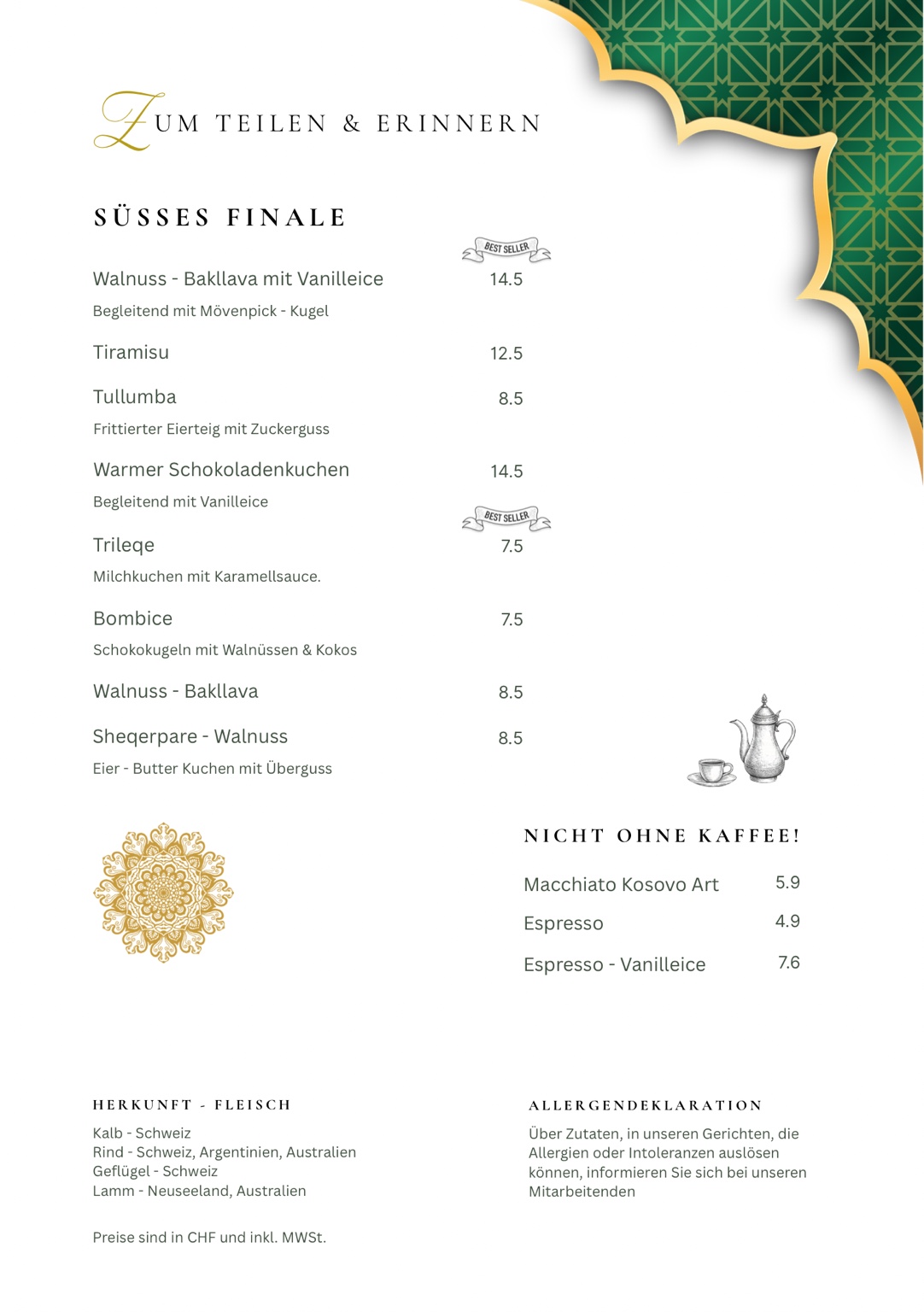 Innenseite der Karte mit Desserts, Kaffeeangebot und Allergendeklaration in Grün und Gold