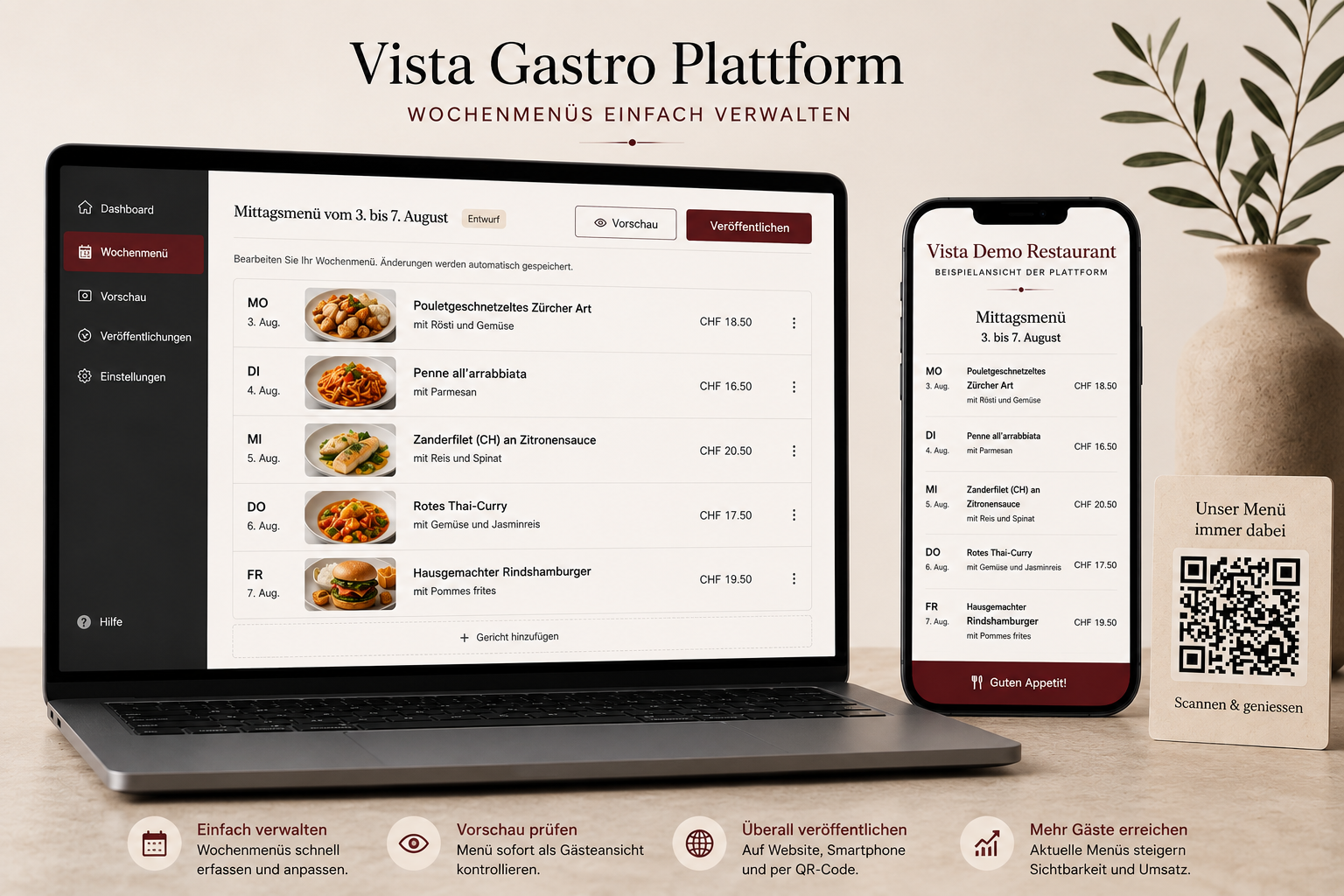 Ansicht der Vista Gastro Plattform mit Karten-Dashboard, mobiler Menüansicht und QR-Code.