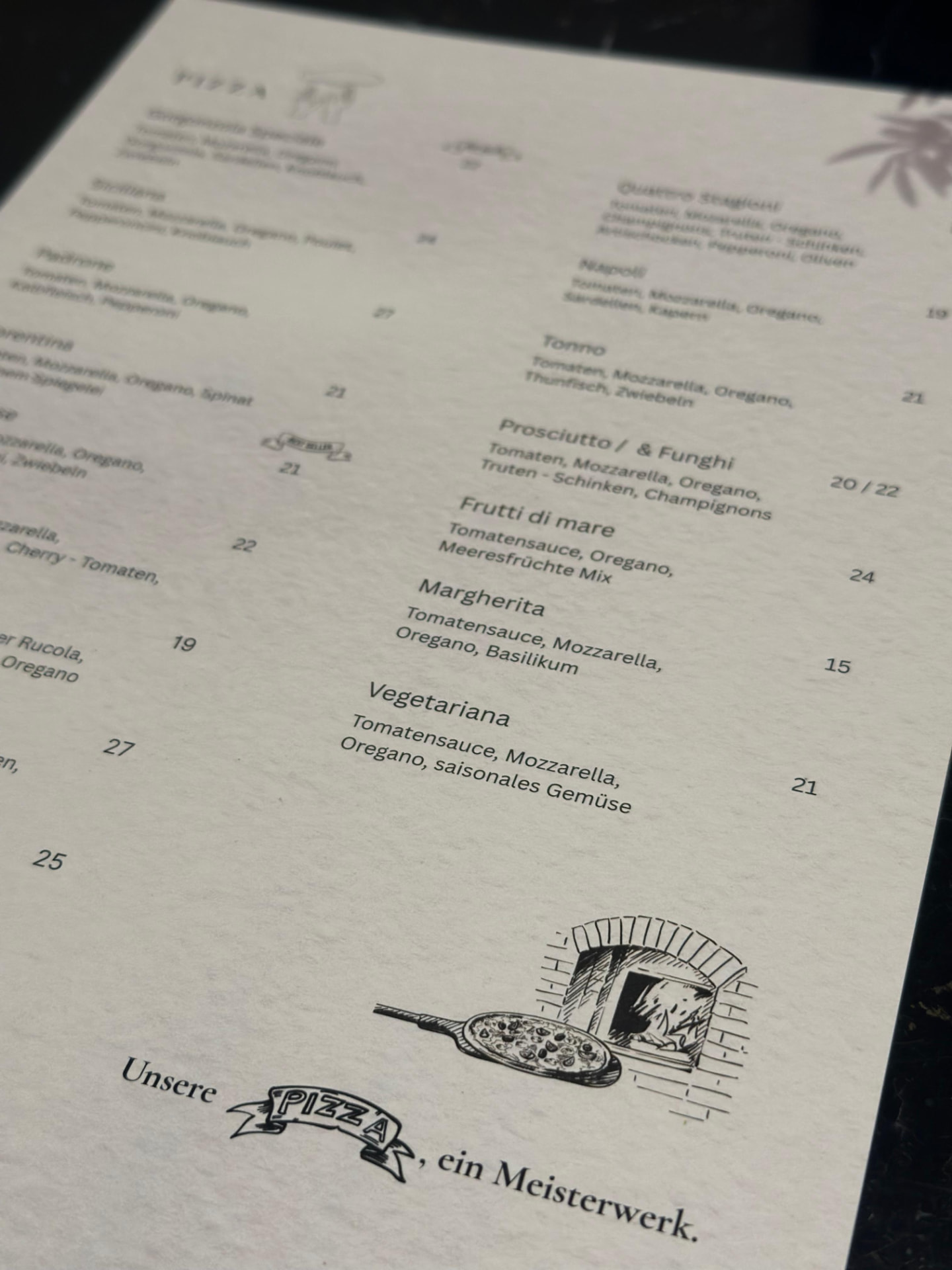 Detailaufnahme der Pizza-Seite mit Preisen und Illustration eines Holzofens