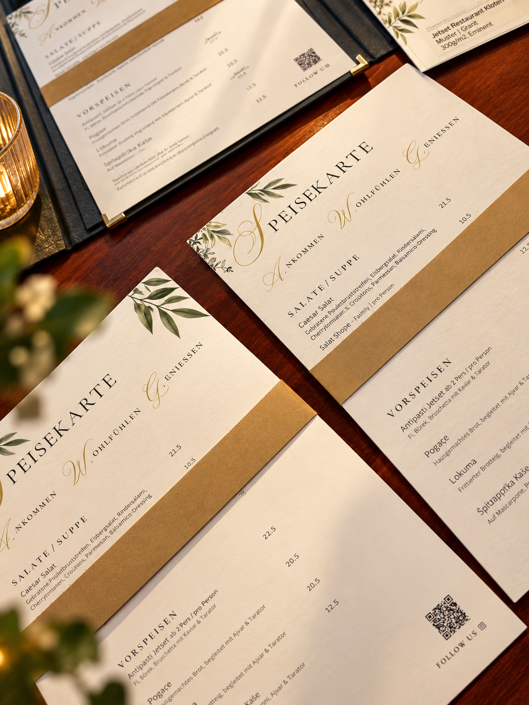 Gedruckte Hauptspeisekarten des Jet Set Restaurants mit Goldakzenten auf einem Holztisch bei Kerzenlicht