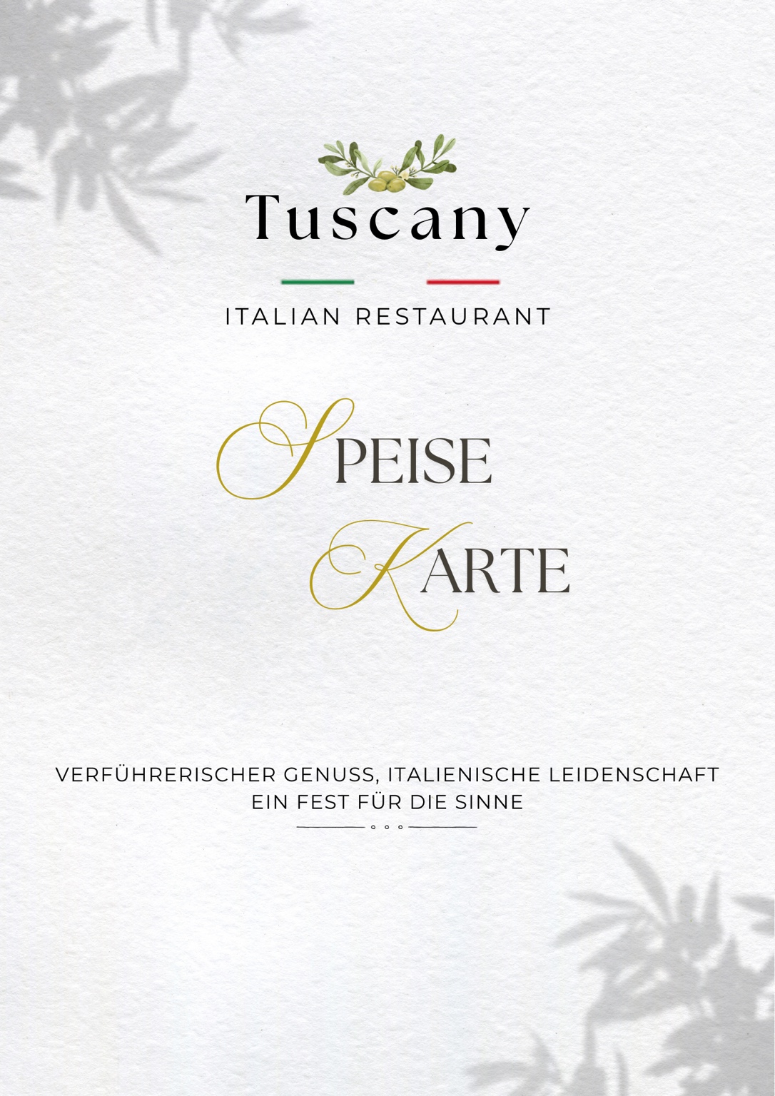 Titelseite der Tuscany-Speisekarte mit Olivenzweig-Logo und goldener Schreibschrift